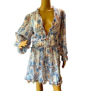 Xicks Floral V-Neck Ruffled Long Sleeve Mini Dress Missing Button Size Large